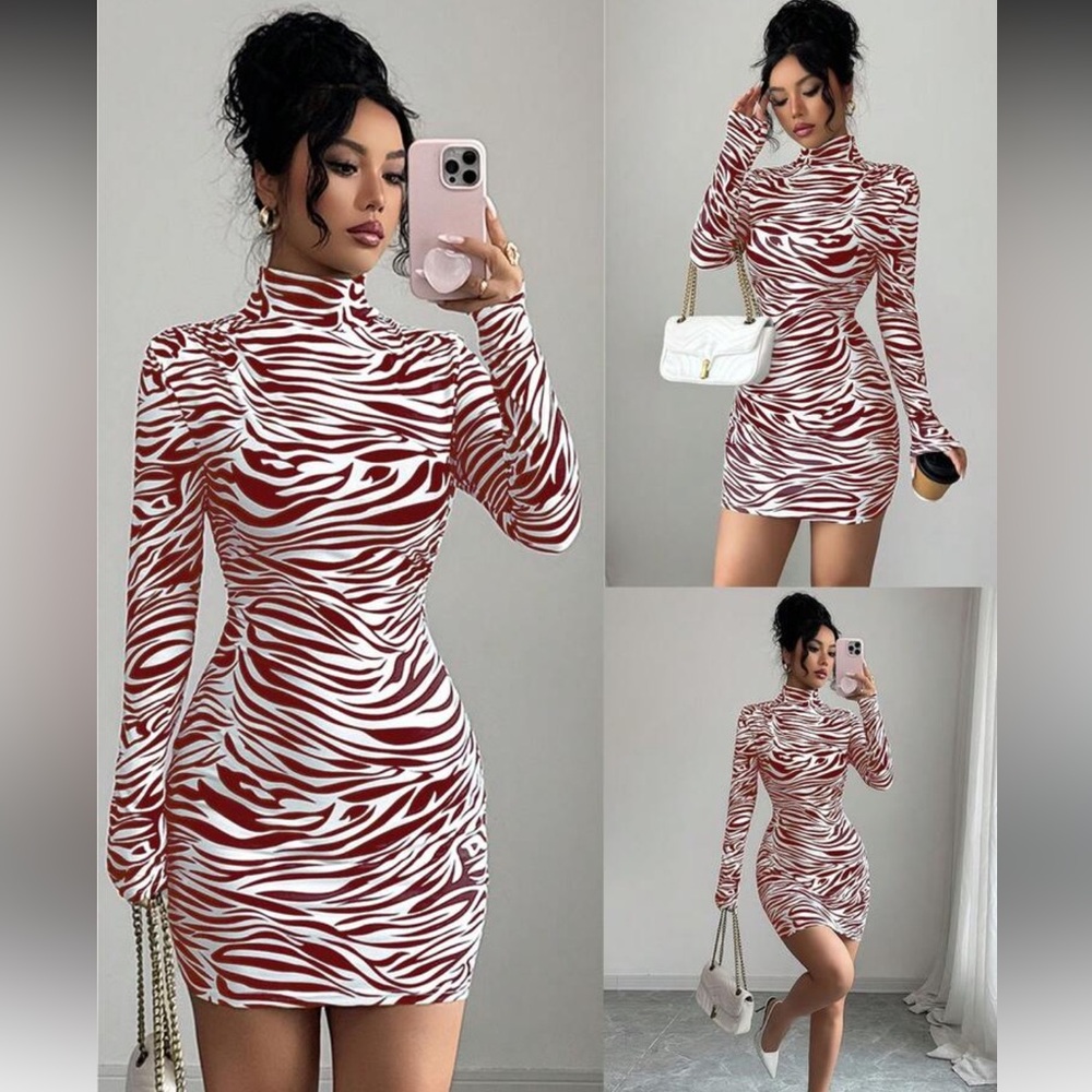 High Neck Long Sleeve Zebra Bodycon Dress in White & Burgundy - Picture 5 of 6